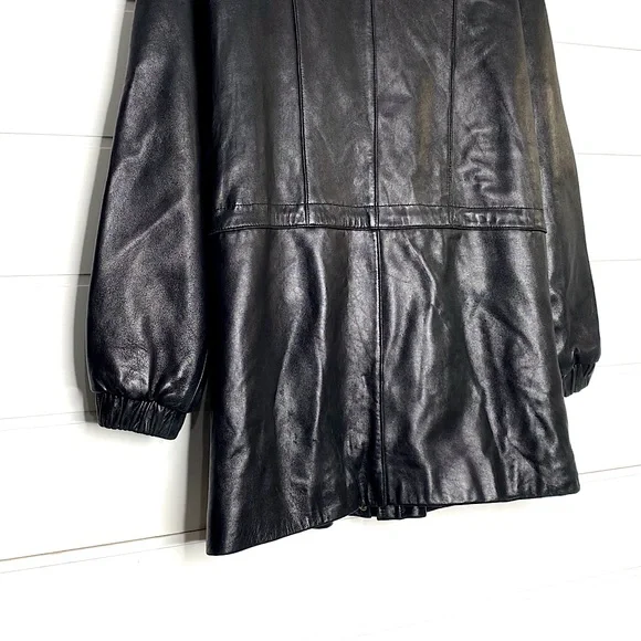 Vintage Genuine Lambskin Leather Black Parka w/ Fox Fur Trimmed Removable Hood - Picture 11 of 15